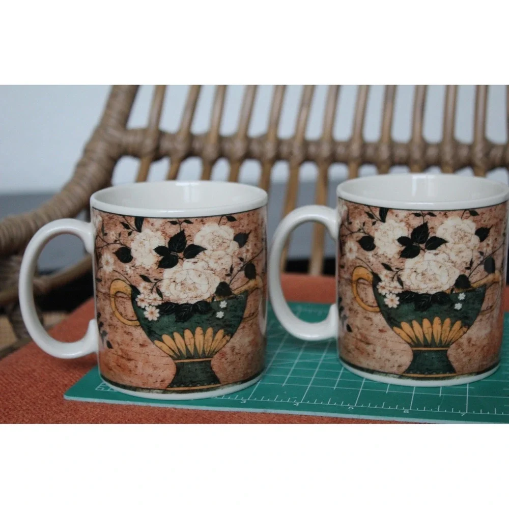 Sakura Warren Kimble White Roses Coffee Mugs Set of 2 Vintage 1997 Floral Brown - Picture 4 of 10